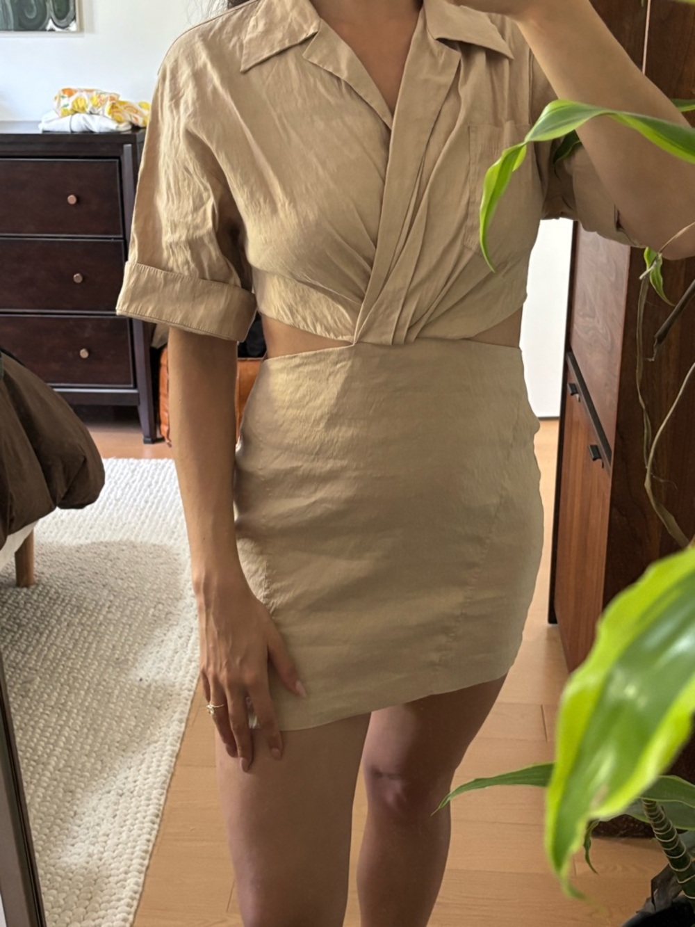 ZARA Tan Short Sleeve Mini Dress with Slits